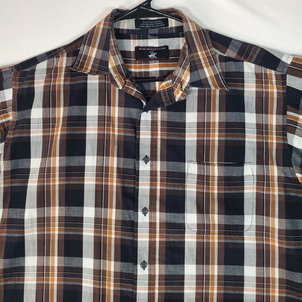 Beverly Hills Polo Club Mens XL Brown Plaid Short Sleeve Button Down Shirt